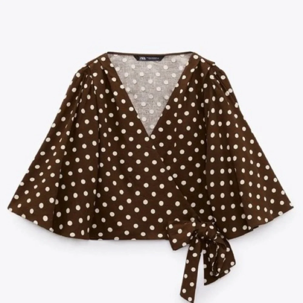 NWT. Zara Brown/Cream Polka Dots Crop Top with Bow. Size L. - Picture 1 of 12